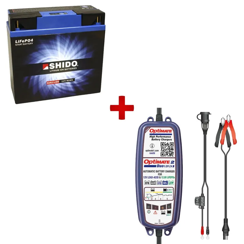 Grande affare | Pacchetto batteria al litio Shido + caricabatterie Optimate 2 Duo